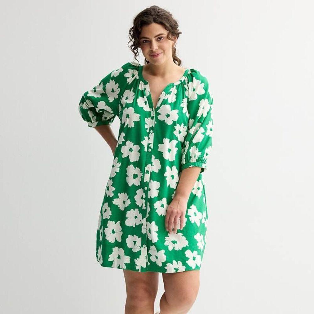 Sonoma Goods For Life Green Floral Button Front Shift Dress Size Medium